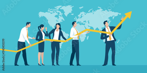 Cooperation. A group of business people lifting a  business curve. Success strategy. Business vector illustration..