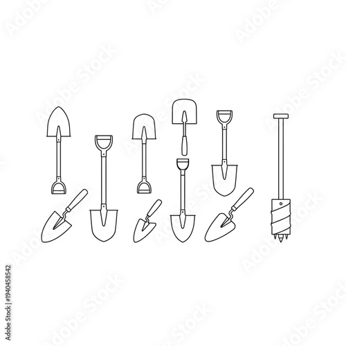 A set of various gardening and construction tools illustrated in a simple line drawing style