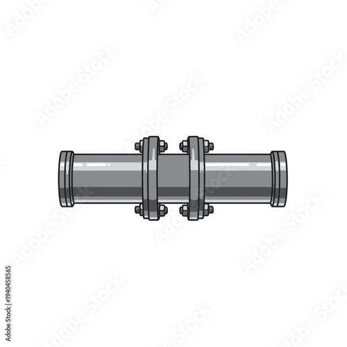 Detailed illustration of a gray metal pipe coupling with flanges on both ends