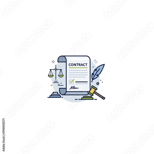 A detailed illustration of a legal document with a scale and quill pen on a desk in a professional setting with various office supplies