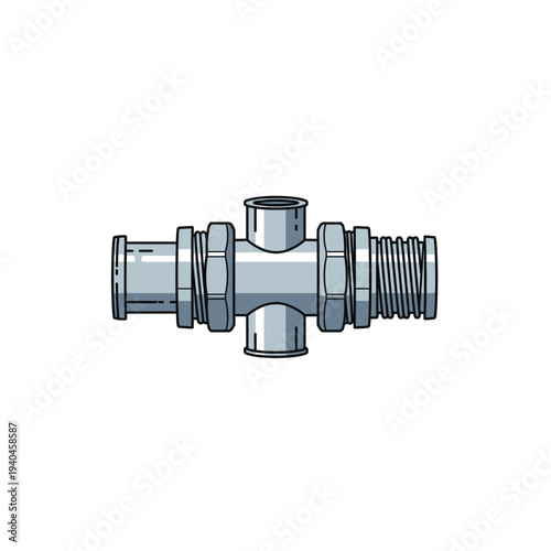Detailed illustration of a metal pipe fitting with multiple threaded ends and connections