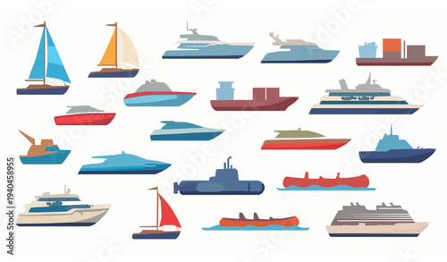 Colorful boat icon collection with yacht sailboat cargo ship ferry and marine transport vector set