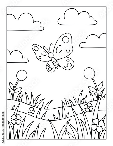 Butterfly flying over flowers and grass simple nature coloring page outline illustration