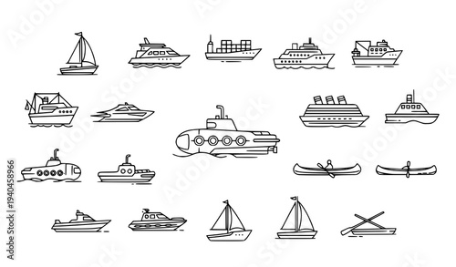 Marine boat line icon set with sailboat cargo ship ferry kayak and yacht outline symbols vector