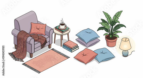 Cozy Armchair with Pillow and Blanket.