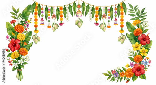 Ugadi new beginnings welcome festive decoration background with flowers and leaf.