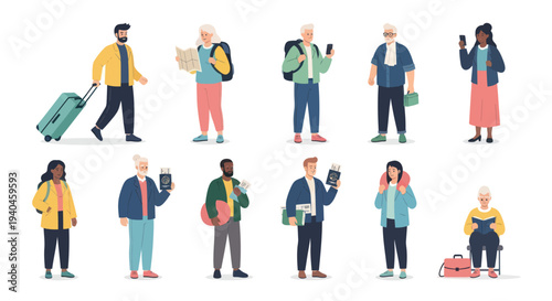 Diverse People Using Mobile Phones and Luggage.