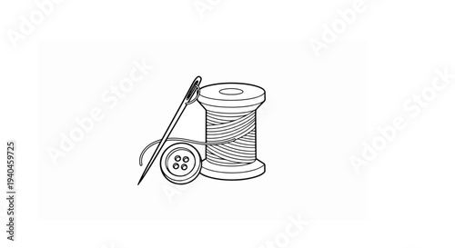 Sewing Kit Vector Illustration with Thread Spool, Needle, and Button Line Art