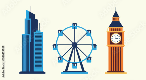 Skyscraper Ferris Wheel Big Ben Icon Set.