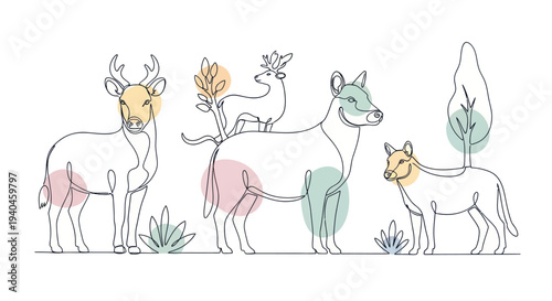 Colorful Deer and Wolf Illustration.