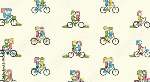 Children Riding Bicycles Pattern Illustration.