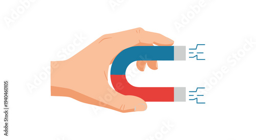 Hand Holding Horseshoe Magnet Attracting Metal.