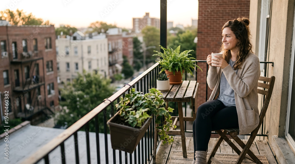 Obraz premium Young woman enjoying coffee on a tiny apartment balcony at sunrise and relaxing in a peaceful urban morning scene