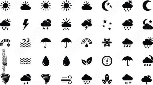 Black Flat Weather Icons Set Collection with Sun Clouds Rain Snow Storm Thunderstorm Tornado Temperature and Moon Symbols for Forecast Application User Interface Design