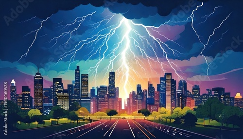 Digitally rendered cityscape under a dramatic lightning storm; colorful sky