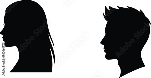Black Silhouette Profile Set of Young Woman and Man Facing Each Other Isolated on White Background for Gender Identity Relationship Concept Graphic Design Icon