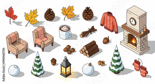 Winter Scene Elements with Fireplace and Furniture.