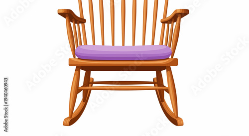 Wooden Rocking Chair with Purple Cushion.