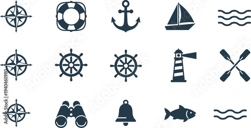 Nautical Silhouette Icon Set Featuring Compass Rose Anchor Lifebuoy Ship Wheel Lighthouse Sailboat Binoculars And Sea Elements For Maritime Travel And Marine Navigation Design.