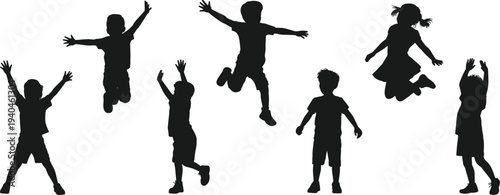 Children jumping silhouettes collection isolated on white background, happy kids jumping and raising hands, playful childhood activity set for design, education and lifestyle concept