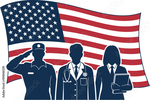 Symbolic Representation of American Professionals and Healthcare Workers Against the Backdrop of the US Flag