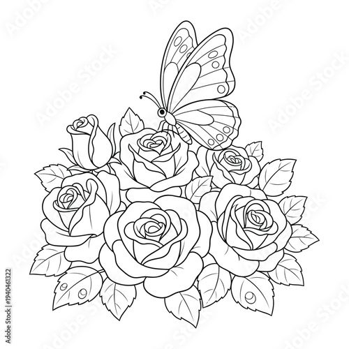 Butterfly on rose flowers bouquet simple floral coloring page outline illustration for kids