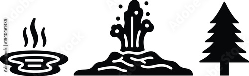 Geothermal Nature Silhouette Set: Erupting Geyser, Steaming Hot Spring, and Evergreen Tree Icons