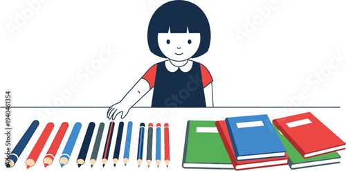 Young student girl preparing for an engaging learning session at a desk filled with vibrant art supplies and academic notebooks, ready for creative education