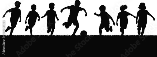 Children playing soccer silhouettes on grass field isolated on white background, happy kids running and kicking football, playful childhood outdoor activity concept
