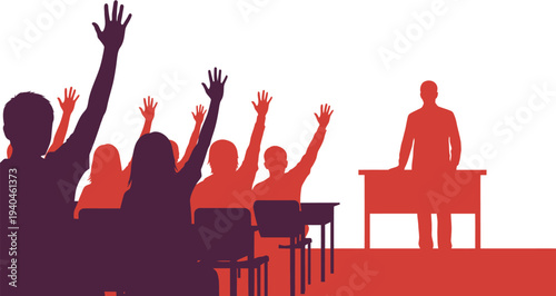 Dynamic illustration of an engaged audience with raised hands participating in a lecture, seminar, or classroom discussion, symbolizing active learning and interactive communication
