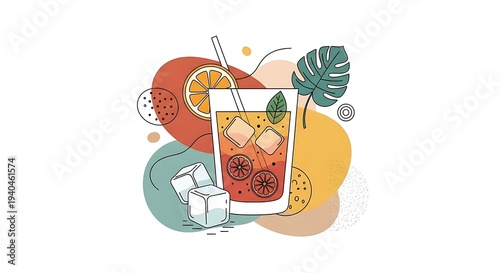 Vibrant and refreshing summer cocktail illustration with orange slices, ice, and modern abstract botanical elements, embodying relaxation and cool sensations for a perfect escape