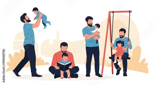 Heartwarming illustration of a loving father engaging in various joyful activities with his children, showcasing the beautiful bond of modern fatherhood and family togetherness