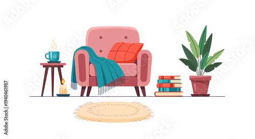 Pink Armchair with Pillow and Blanket.