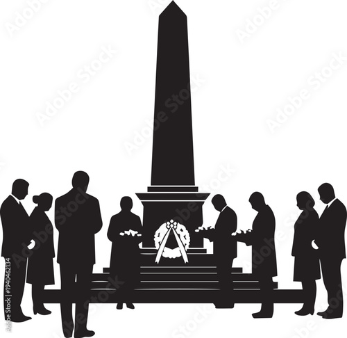 People gathered at memorial obelisk monument for ceremony silhouette vector illustration