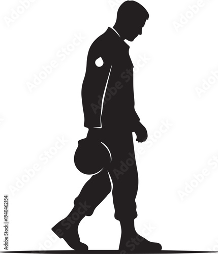 Sad soldier walking silhouette line art illustration vector with helmet in hand