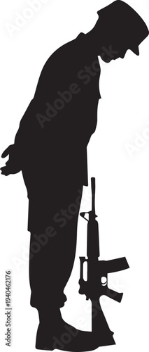 Soldier bending over rifle silhouette vector illustration, military tribute line art