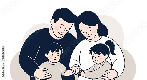 A loving family illustration featuring parents embracing their two children, symbolizing togetherness and familial bonds