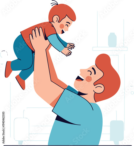 Father lifting his joyful son in the air, celebrating family bonding and happy moments of childhood, illustration of a loving parent and child's play time