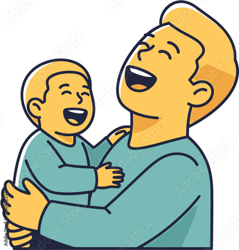 Heartwarming illustration of a happy father joyfully embracing his giggling baby, sharing a precious moment of laughter and paternal love, symbolizing family bond and pure happiness and connection