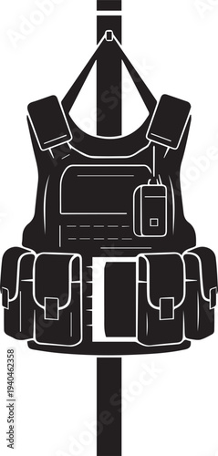 Tactical bulletproof vest with equipment pouches and radio silhouette vector illustration