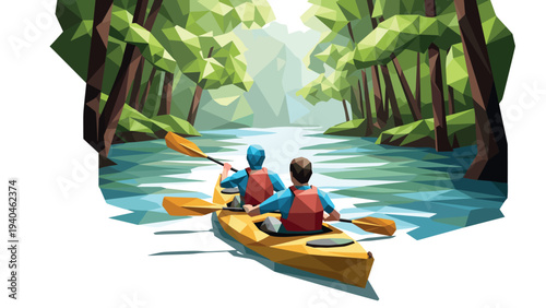 Geometric kayaking adventure through a vibrant forest river