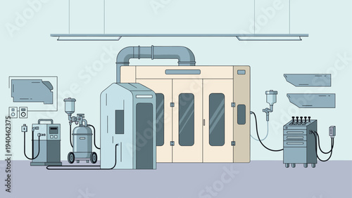 Industrial workshop with modern machinery and equipment in a flat style