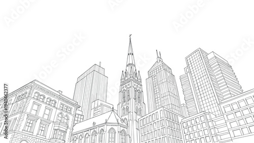 City skyline with cathedral and skyscrapers in detailed linear art