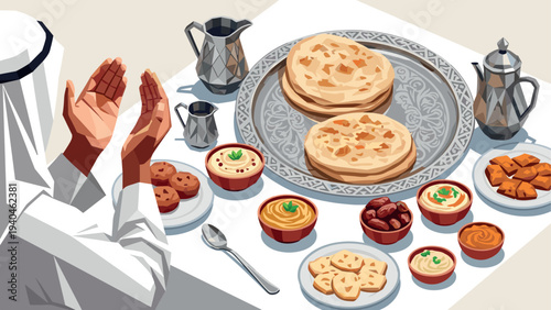 Traditional middle eastern meal with bread and dates on decorated table