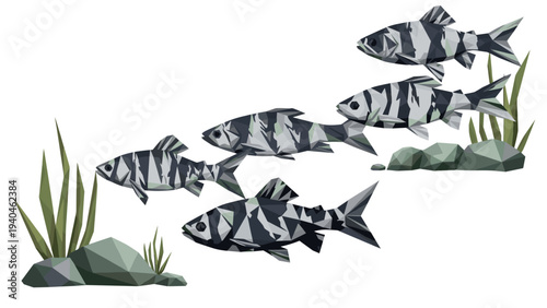 Geometric design of fish swimming with underwater plants in low poly style