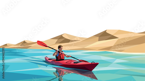 Low poly landscape with kayaker on tranquil water against stylized desert