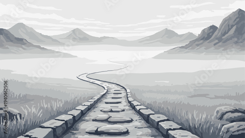 Monochrome pixel art mountain landscape with a winding path