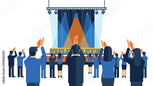 Flat design audience applauding concert stage with lighting and performers