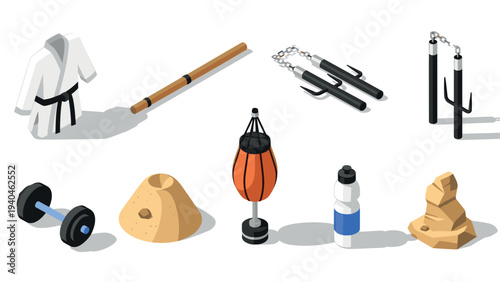 Isometric martial arts equipment: nunchucks, sandbags, and training gear