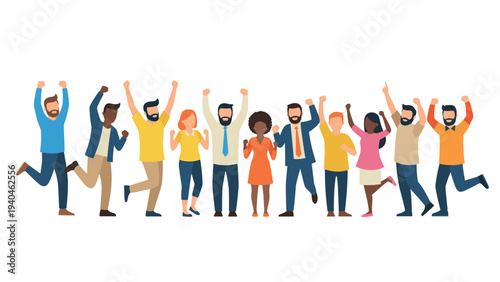 Diverse group of people celebrating with joyful expressions in a flat design style